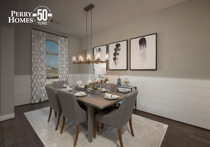 contemporary formal dining room that have bottom half of walls painted white shiplap and top plain walls painted grey