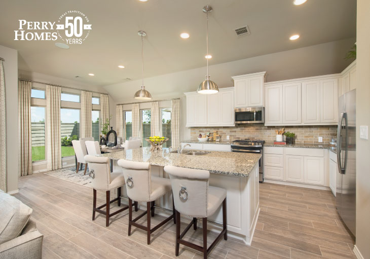 open-concept transitional white kitchen with beige granite countertops, brick style tile backsplash, tall windows