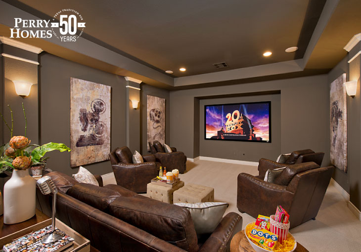 Media room with couches and candy for watching a movie 
