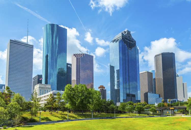 Shiny, modern steel buildings in the Houston, TX, skyline tower over grassy field.  