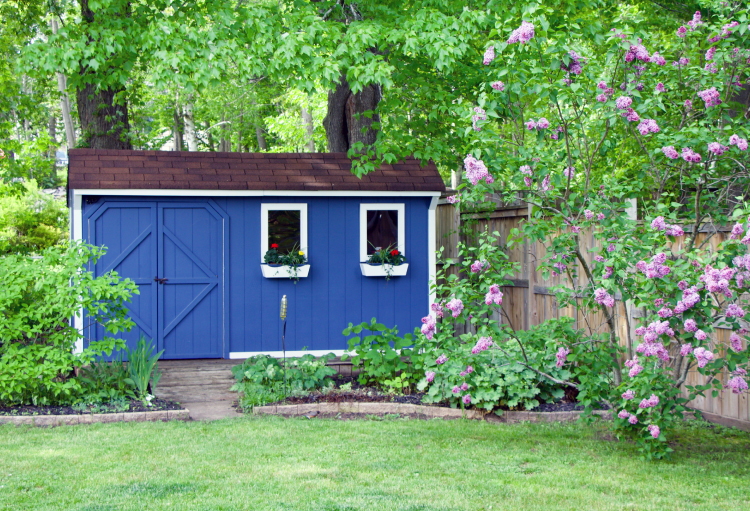 blue farmhouse-style shed sits below vibrant green trees and bushes.