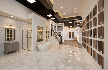 interior of perry homes houston design center displaying flooring options and bathroom selections